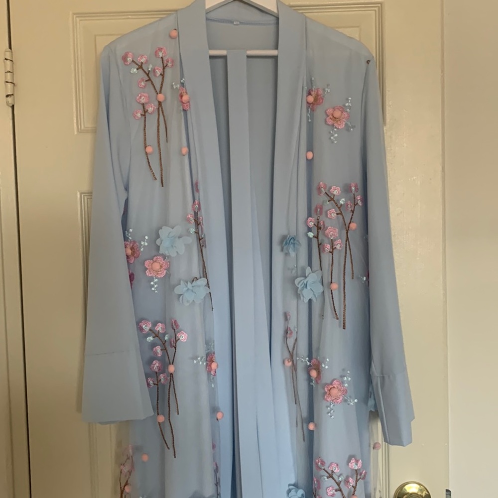 Blue Embroidered Floral Abaya or Duster
